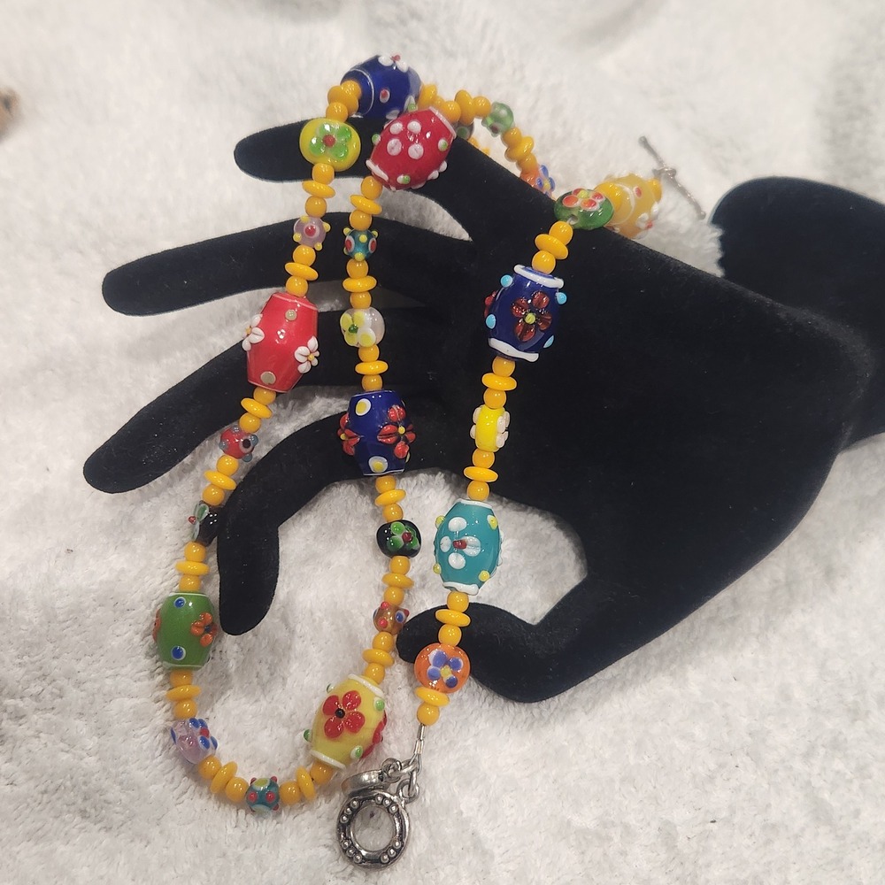 Artisan Floral Lampwork Glass Bead Necklace and Bracelet Set Yellow Multi Color